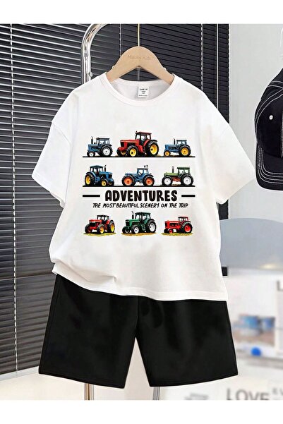 Kids Summer Adventures Printed Boys' Black Shorts and White T-Shirt Set