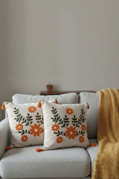 SİMEREV HALI HOME CONSEPT Punch Embroidered 2-Piece Cream Fabric Tassel Woven...