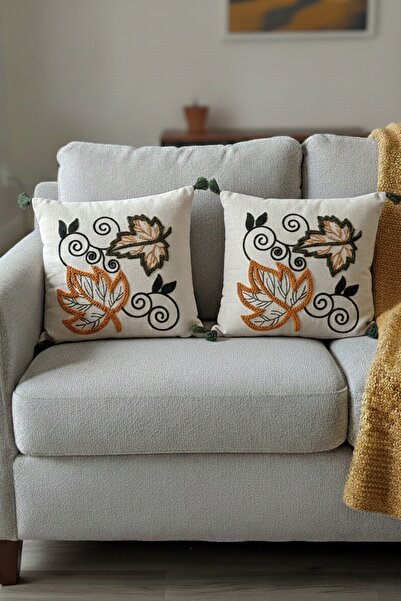 SİMEREV HALI HOME CONSEPT Punch Embroidered 2-Piece Cream Fabric Tassel Woven...