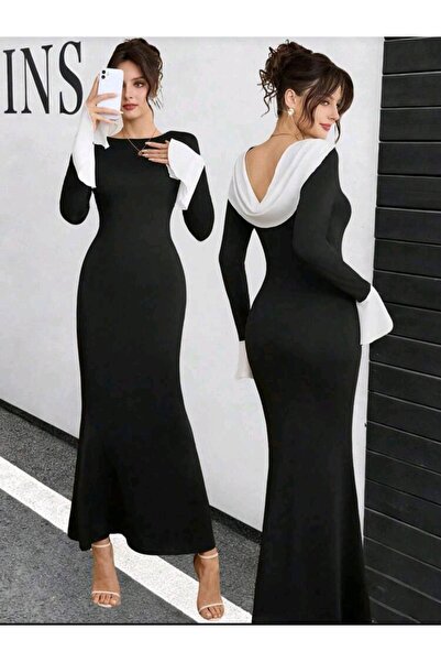 RANO-BOUTİQUE Elegant long maxi dress with a unique design, open back, draped...