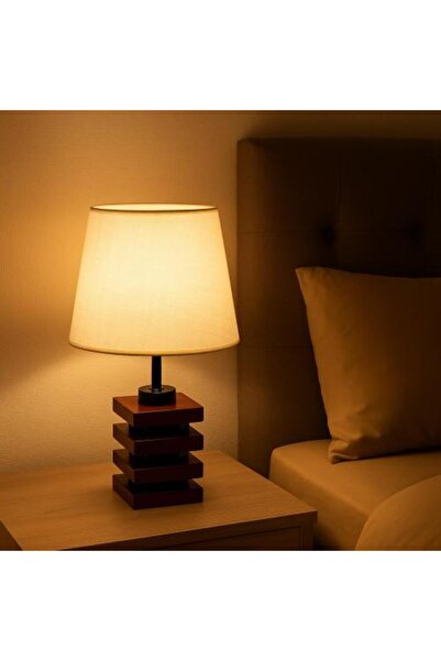 Generic Modern Table Lamp with Geometric Wooden Base and White Shade