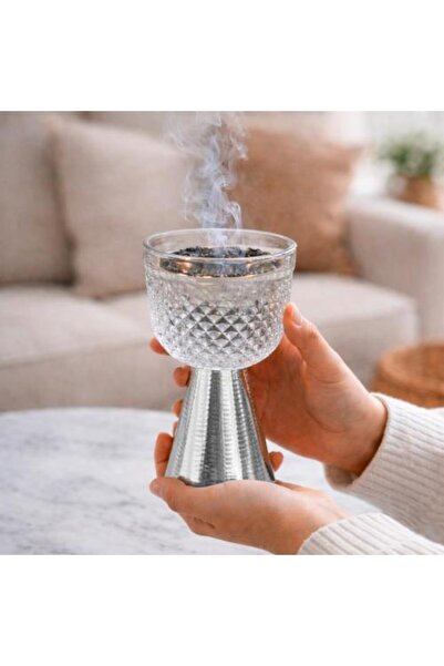 Generic مبخرة زجاجية فاخرة بقاعدة معدنية فضية