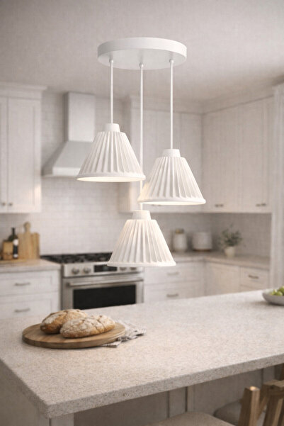 Limon 3D Desing 3’lü Modern Sarkıt Avize Beyaz Başlık Mutfak Yemek Masası Üst...