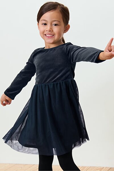 Tchibo فستان بناتي بأكمام طويلة سادة، لون كحلي