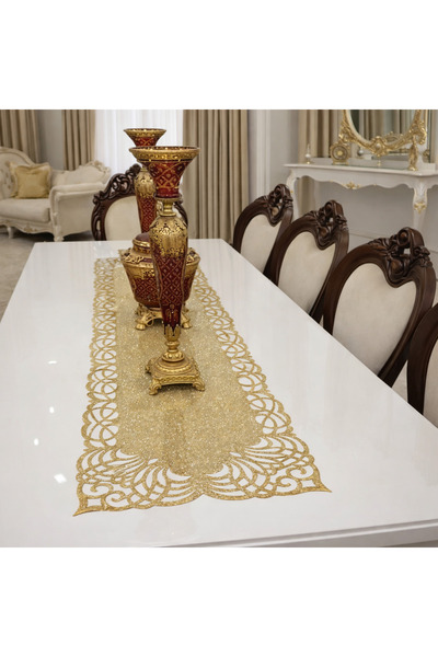 Diva Home Silvery Leather Look 35 X110 Laser Cut Gold Runner