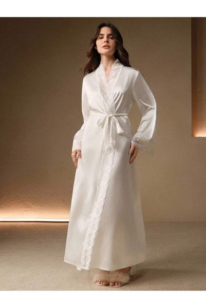 sempathy Women's Dressing Gown Double Breasted Collar and Sleeve Lace Detailed Long Plain and Elegant Dressing Gown