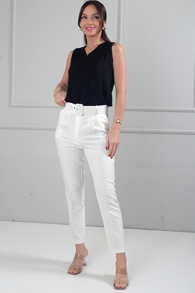 By Saygı Women's Waist Belted, Pocketed, Pleated Front, Narrow Leg Crepe Trou...