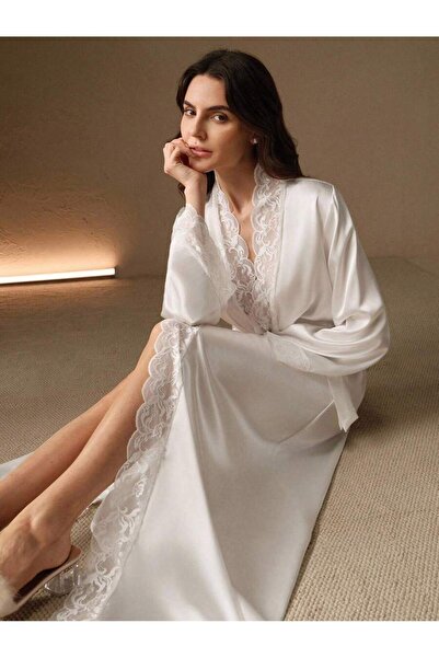 sempathy Women's Dressing Gown Double Breasted Collar and Sleeve Lace Detaile...