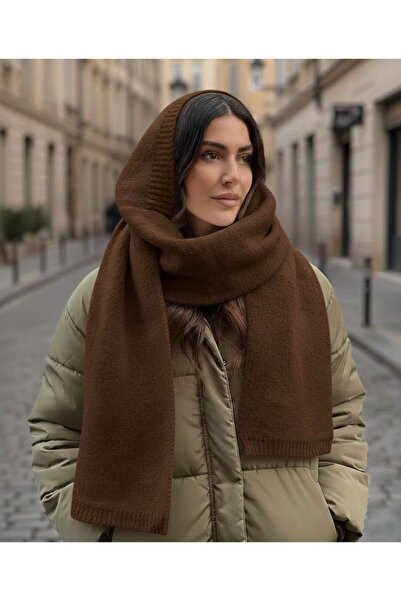 Trend Şapka 14812 Kahverengi Yumuşak Dokulu Kapüşonlu Tek Parça Atkı Bere