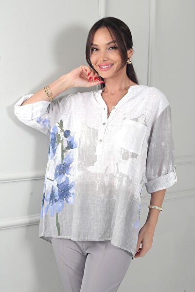 By Saygı Γυναικείο λινό πουκάμισο με μισά κουμπιά μπροστά, λεπτομέρεια από πα...