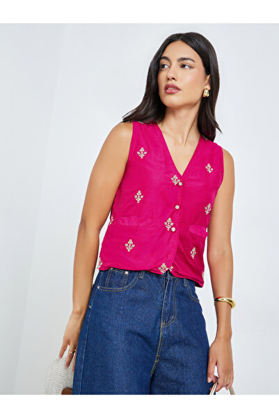 Styli Pink Embroidered Sleeveless Waistcoat