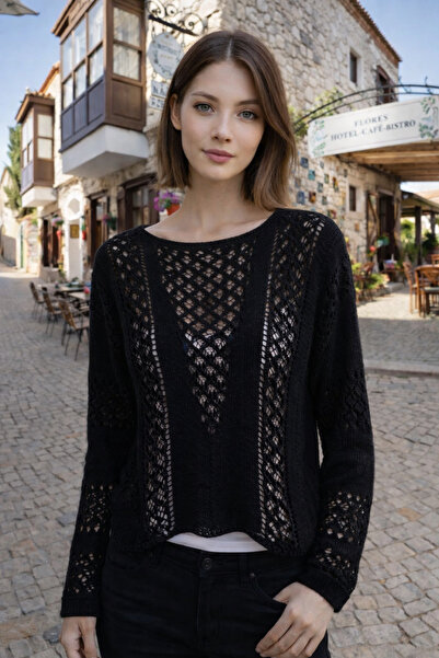 AQE FASHION Women's Knitwear Blouse Black Openwork Long Sleeve Boat Neck Perf...