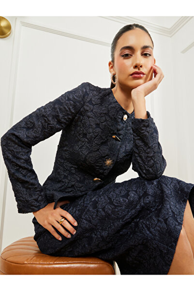 Styli Black Jacquard Top with Button Decor