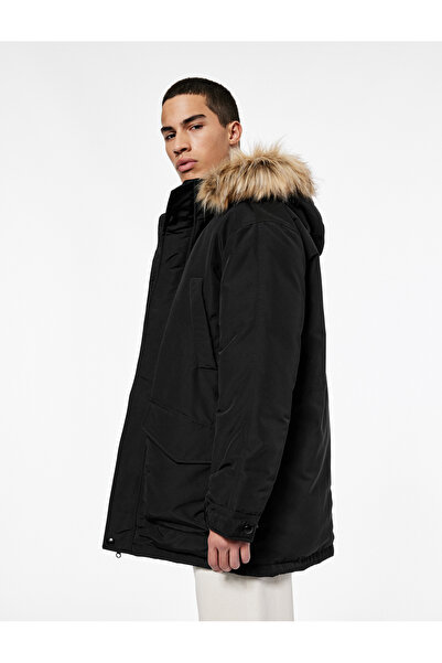 Koton Long Sleeve Faux Fur Hooded Parka with Flap Pockets