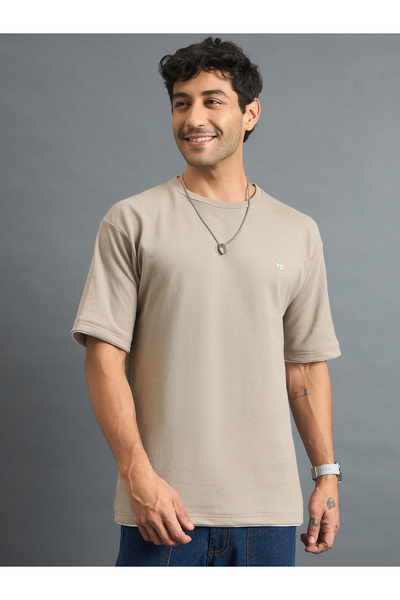 REPRISE By Styli Beige Textured Oversized T-Shirt
