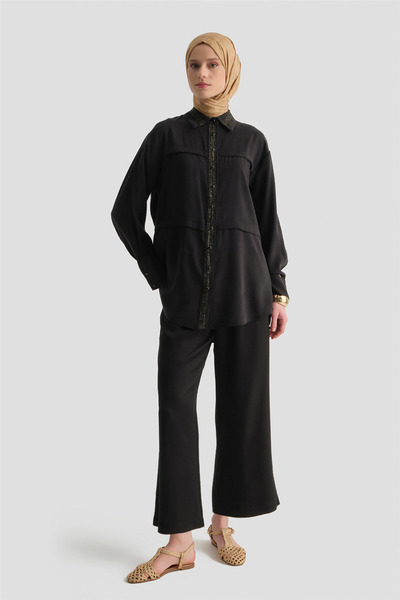 Armine Beli Lastikli Palazzo Pantolon Siyah