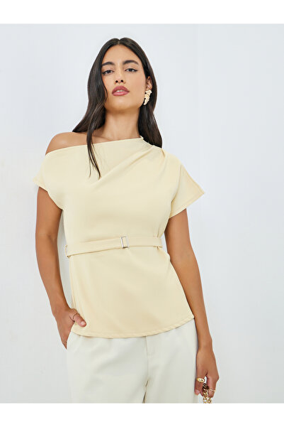 Styli Yellow One-Shoulder Blouse with Belt Detail
