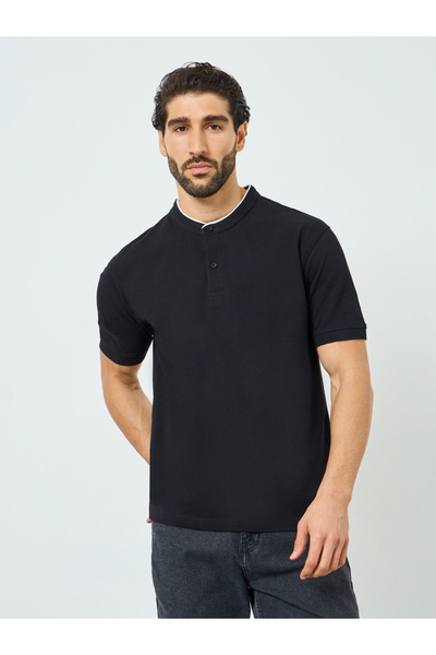 Styli Men Black Stand Collar Relaxed Pique Polo