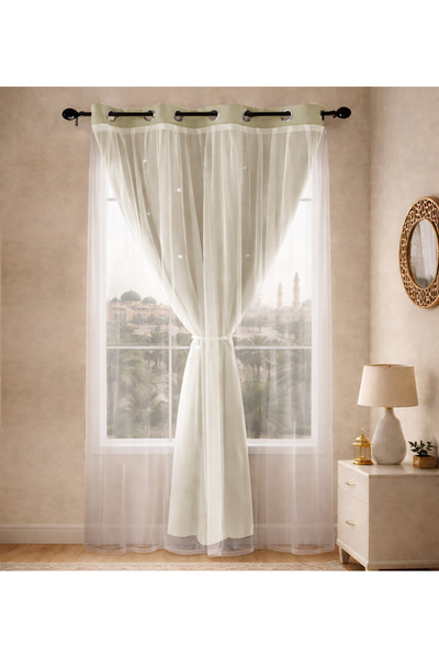 L&Wen Star Blackout Curtains with Sheer, Drapes Grommet Room Curtain (Beige (...