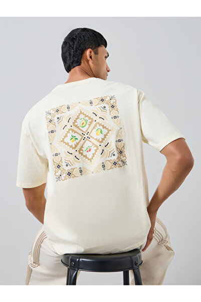 Styli Men Cream Graphic Oversized T-Shirt