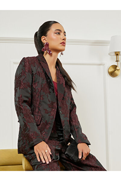 Styli Burgundy Jacquard Double Breasted Blazer