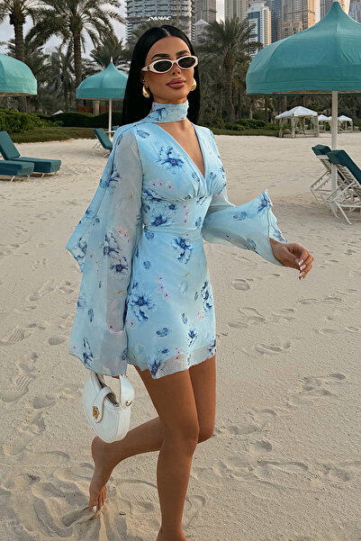 Eyyo Blue Palomia Floral Patterned V-Neck Mini Summer Dress with Tie Detail A...