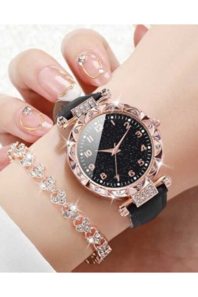 Geneva Set Ceas Damă Elegant Rose Gold cu Brățară cu Cristale, Cadran Negru S...