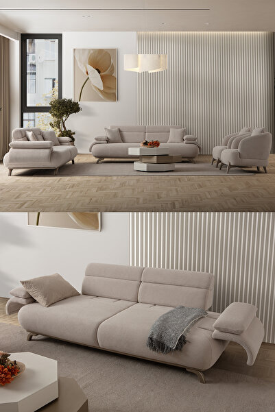 Eymense Bonjo Sırt Mekanizmalı Kasalı Koltuk Takımı 3+3+1+1 Bej