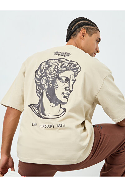 Styli Men Beige Graphic Print Oversized T-Shirt