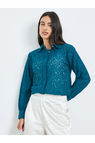 Styli Teal Lace Long Sleeve Shirt