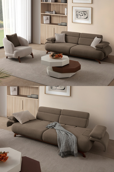 Eymense Bonjo Sırt Mekanizmalı Ceviz Kasalı Koltuk Takımı 3+1 Kahverengi