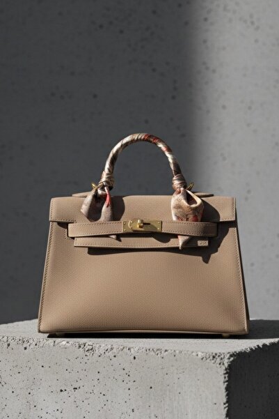 VELLABAGS حقيبة يد وكتف بيج بمظهر جلد الغزال مع مقبض وشاح وقفل ذهبي