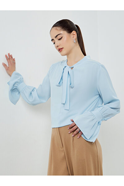 Styli Blue Tie-Up Neck Long Sleeve Blouse