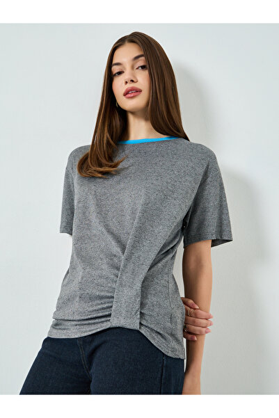Styli Grey Twisted Hem T-Shirt with Contrast Neckline