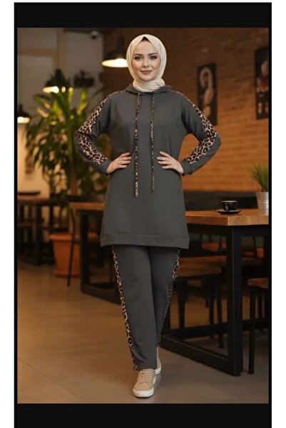 Çağlam moda Leopar Detaylı Kapüşonlu İkili Takım – Rahat Kalıp, Günlük Tesett...