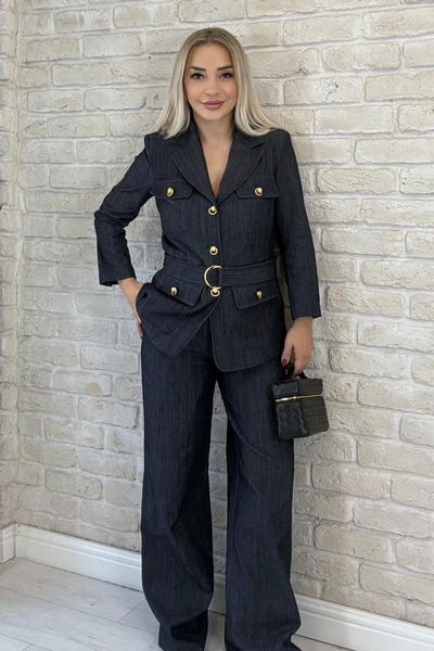 Muna Boutique طقم علوي وسفلي من قماش لوريينا دينيم ليكرا المرن المستورد - ستر...