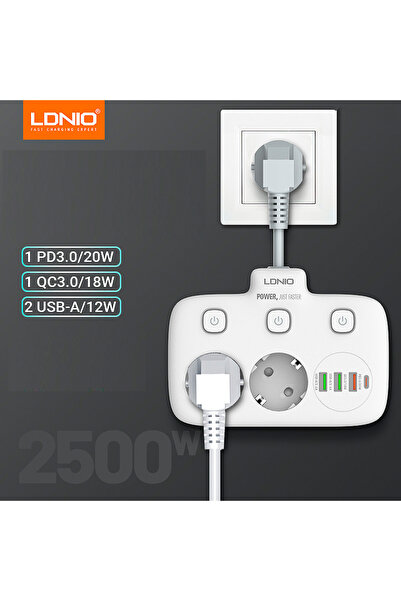 LDNIO Prelungitor 2 Prize Schuko + 4 Porturi USB (3xUSB-A, 1xUSB-C QC/PD), Alb