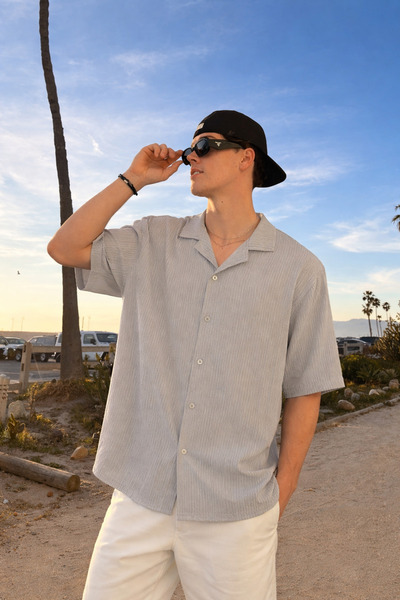 DAMGA JEANS Men's Basic Polo Collar Gray Summer Linen Shirt