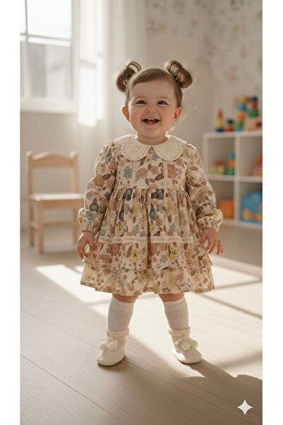 ElunaKids Vintage Floral Patterned Gold Series Baby Girl Dress