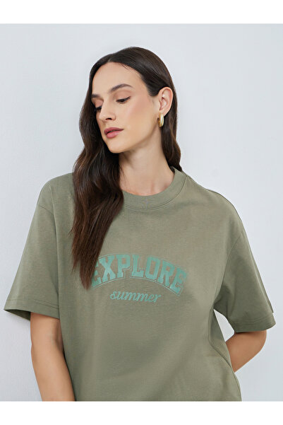 Take Two By Styli Green Text Print Oversized Cotton T-Shirt