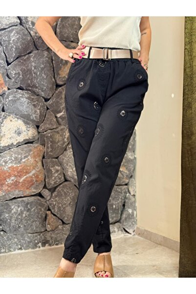 Punta Otantik Yg62061 Embroidered Belted Cotton Trousers Black