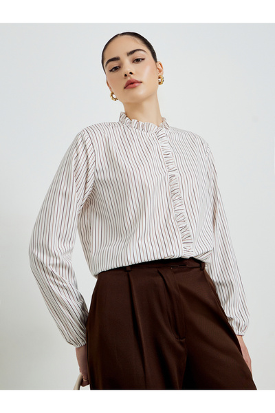 Styli Beige Ruffled Detail Striped Shirt