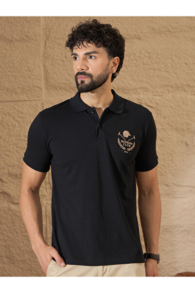 REPRISE By Styli Black Graphic Print Regular Fit Polo