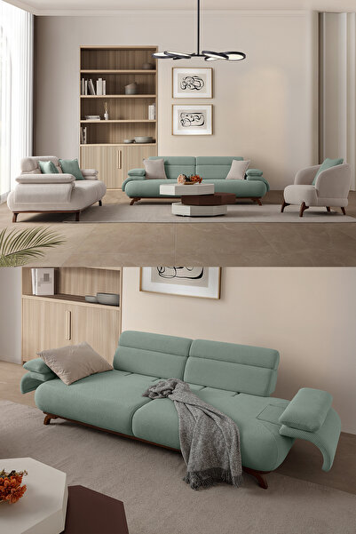 Eymense Bonjo Sırt Mekanizmalı Ceviz Kasalı Koltuk Takımı 3+3+1+1 Su Yeşili