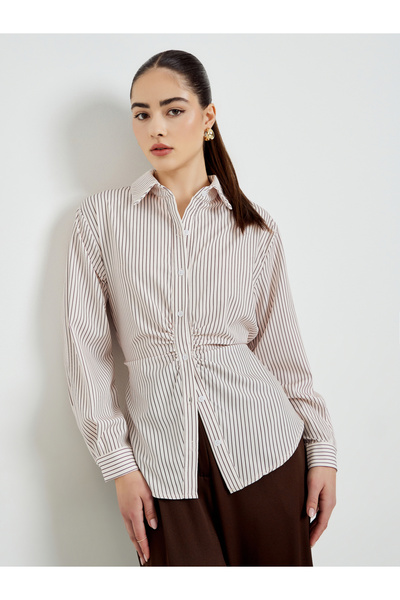 Styli Beige Striped Long Sleeve Oversized Shirt