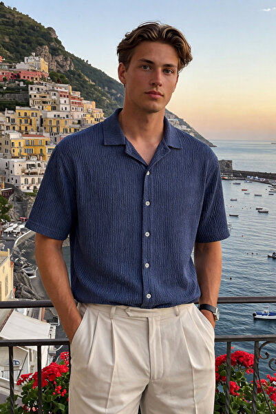 DAMGA JEANS Men's Trendy Polo Collar Oversize Navy Blue Linen Shirt