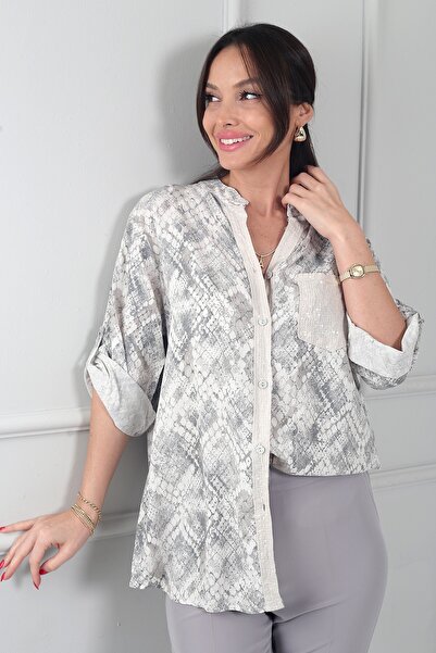 By Saygı Women's Sequin Detailed Single Pocket Imported Printed Pattern Visco...