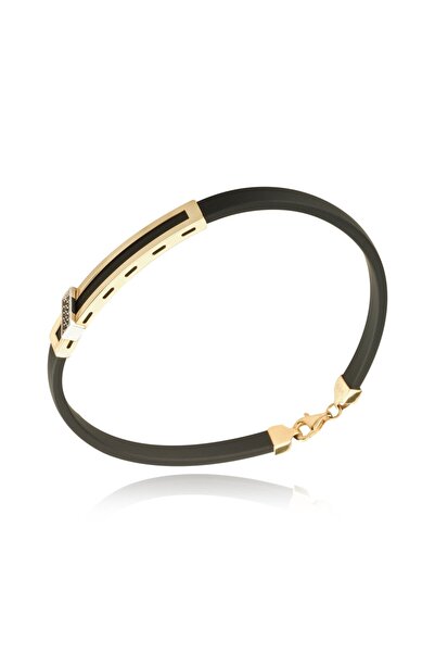 BERK MÜCEVHERAT 14 Ayar Altın Siyah Taş Deri Erkek Bileklik