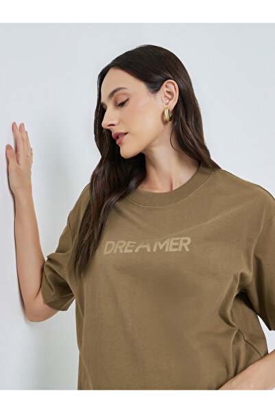 Take Two By Styli Brown Text Print Oversized Cotton T-Shirt