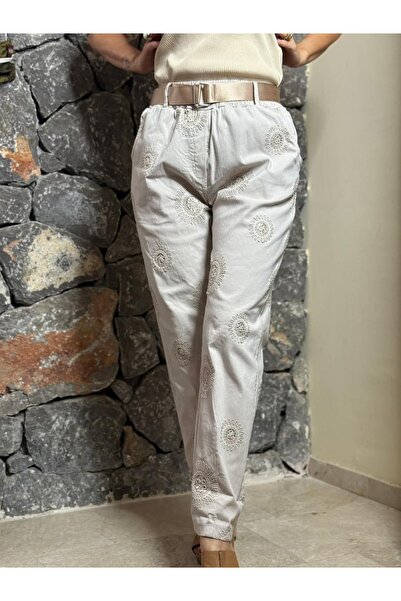 Punta Otantik Yg62061 Embroidered Belted Cotton Trousers Stone